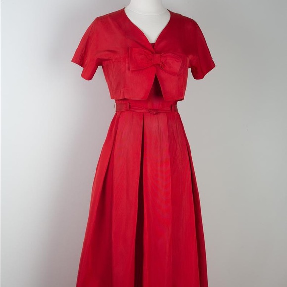 Vintage 1950s Red Taffeta Bow Dress with Bolero - Picture 3 of 7